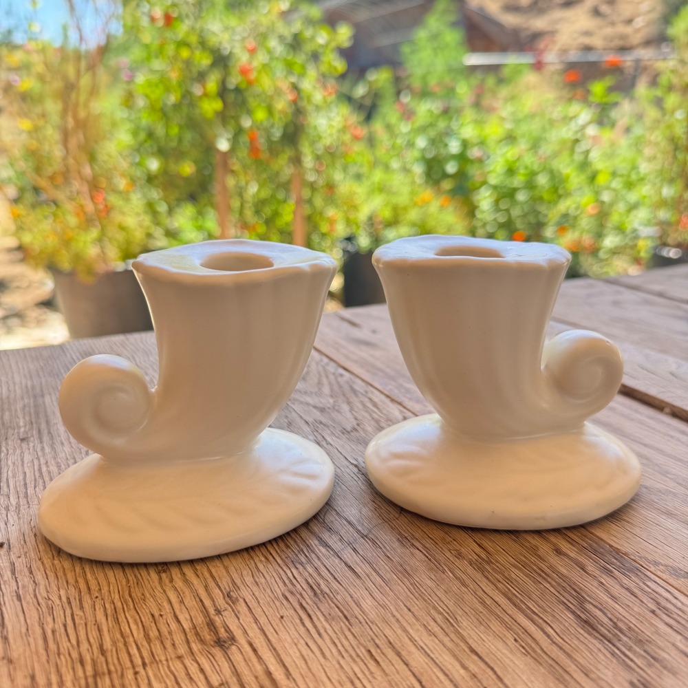 Vintage Shawnee Cornucopia Candle Holders Pair Matte Ivory Art Deco USA Made